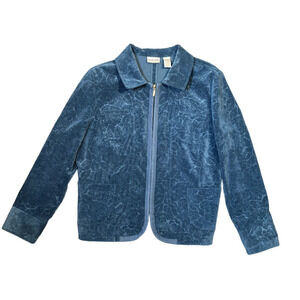 Chicos Dark Aqua Teal Blue Floral Full Zip Corduroy Jacket Size 2 (M) ( US 12)